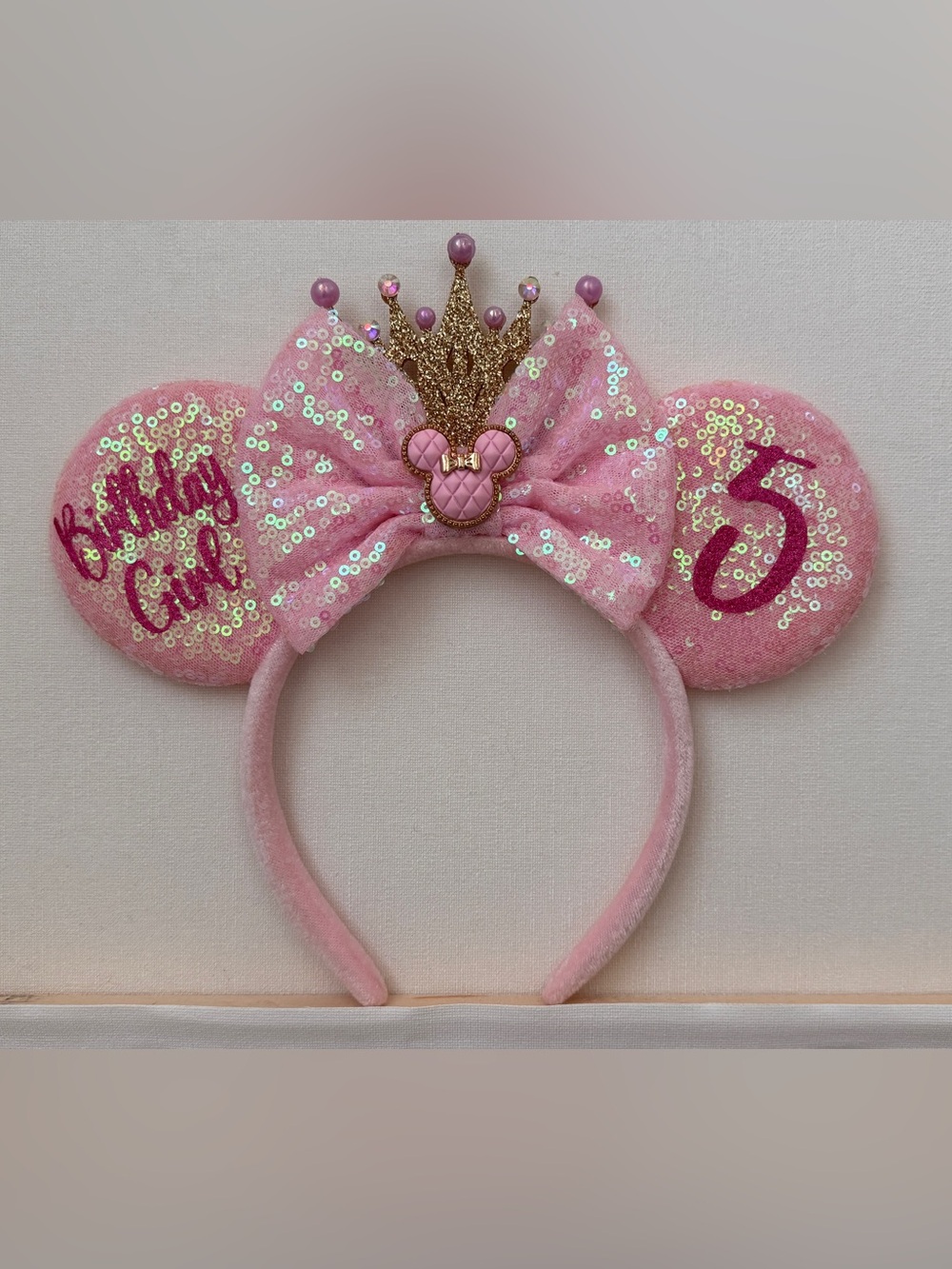 Disney 5th Birthday Girl Custom Pink Sequin Minnie Ears Headband with Gold Crown